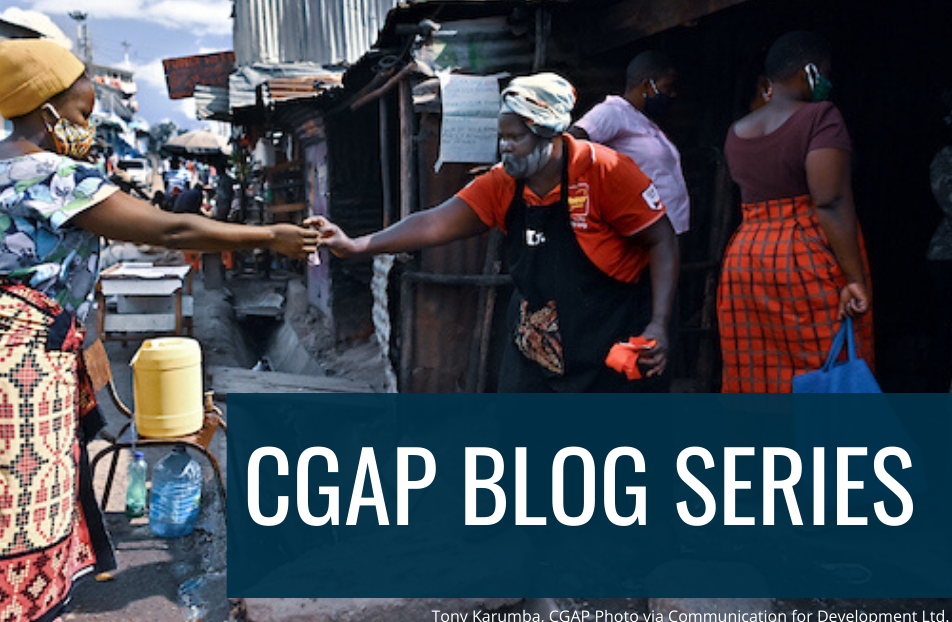 A vendor receives money from a customer from a safe distance in Nairobi, Kenya.