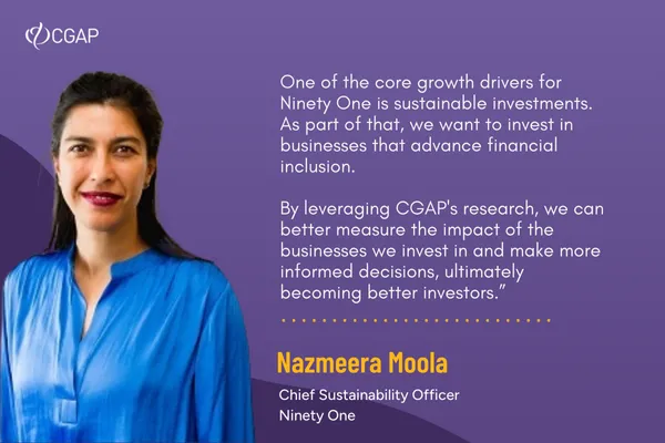 Headshot of Nazmeera Moola from Ninety One with a quote on Financial Inclusion 2.0