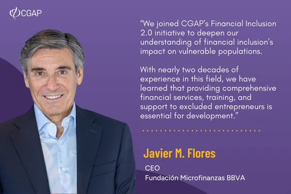Headshot of Javier M. Flores from Fundacion Microfinanzas BBVA with a quote on Financial Inclusion 2.0