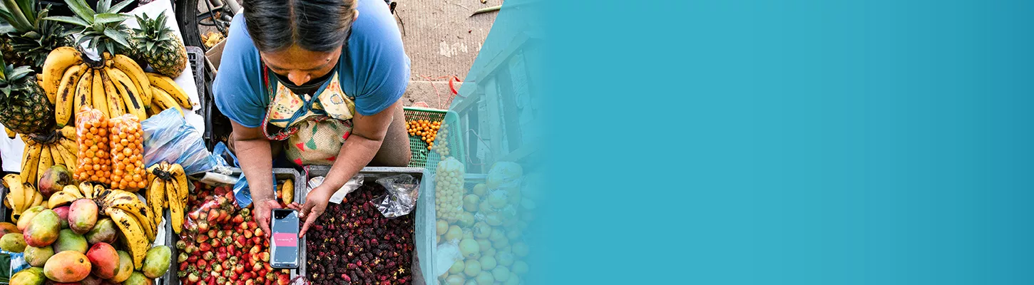 produce seller at a market looking at a mobile phone
