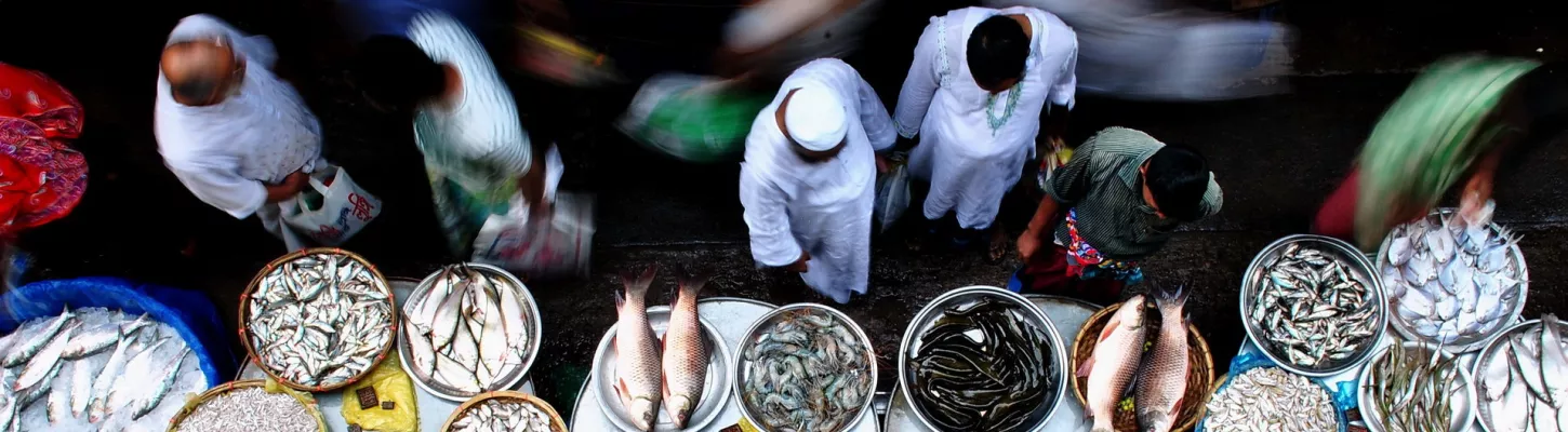 a shot of people at a fish bazaar from above