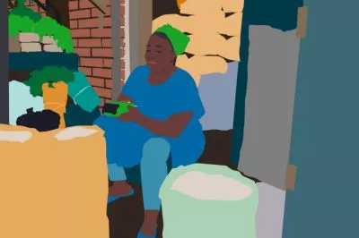 Illustration of a woman selling produce and using a POS terminal