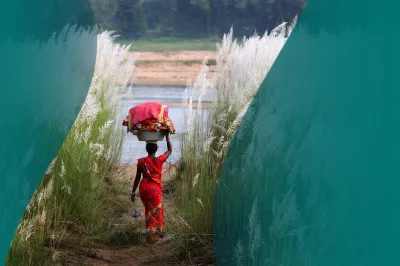 A woman walks between reeds to the water's edge